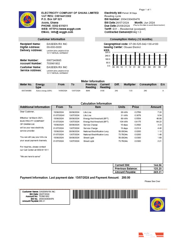 Ghana Electricity Company of Ghana  business utility bill template in Word and PDF formats